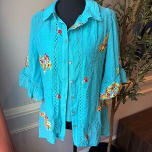 Figueroa & Flower Embroidered Boho Blouse w Built-In Cami Teal M